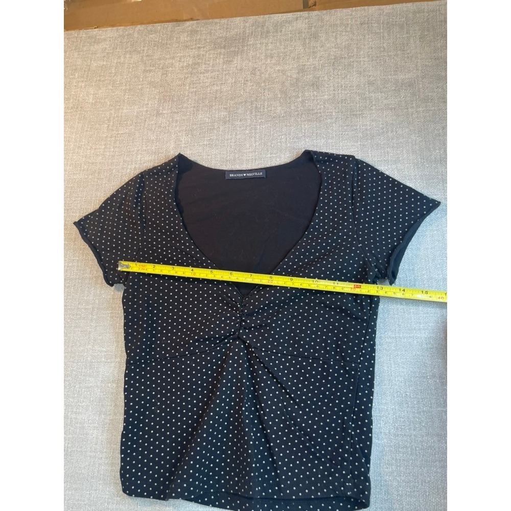 Brandy Melville Black Polka Dot Ruched V-Neck Short Sleeve Top One Size - Picture 3 of 6